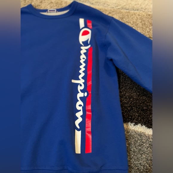 Champion Men’s Blue Vertical Spellout Crewneck Pullover L/S Sweatshirt/L-EUC - Picture 8 of 14